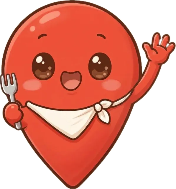 Nomi, a cute red map pin with a white bandana and a fork, waving
